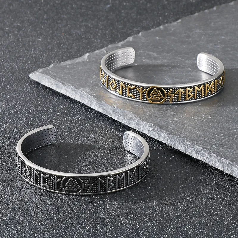 Vintage Viking Runic Textured Bracelet, Nordic Mythology Triangle Knot Personalized Men's Stainless Steel C-Shape Jewelry