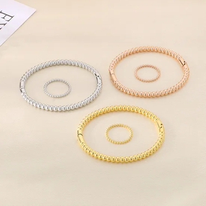 Minimalist Beaded Water Wave Stainless Steel Ring Adjustable Oval Bracelet Jewelry Set