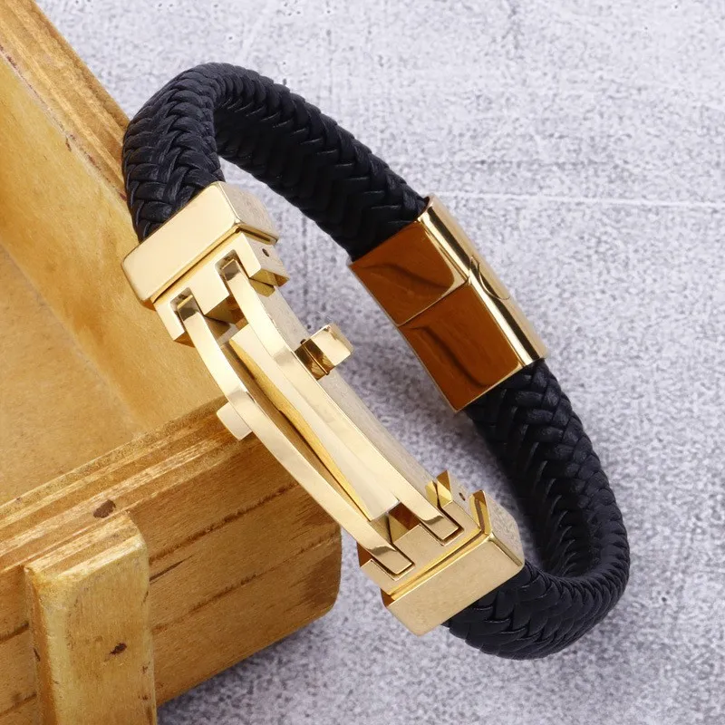 New Stainless Steel Geometric Men's Leather Bracelet Wholesale Personalized Fashion Bracelet