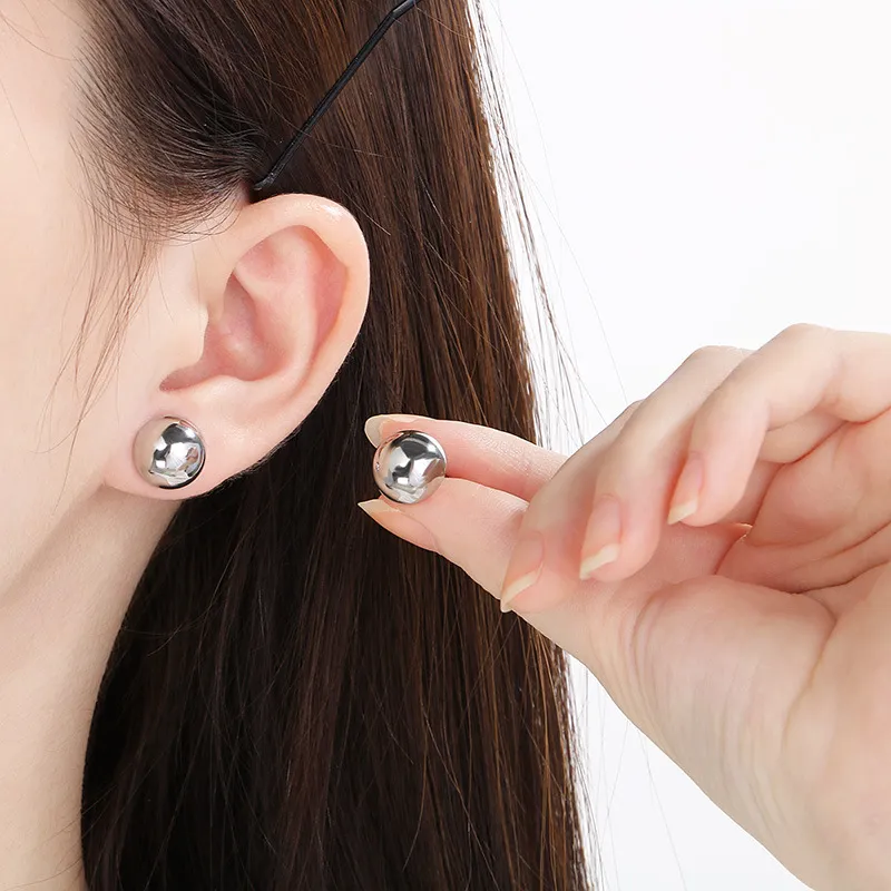 Classic and Fashionable Stainless Steel Multi Size Geometric Hollow Smooth Semi Spherical Earrings