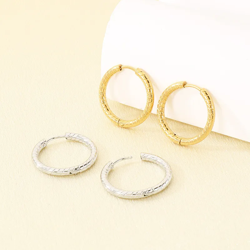 European Ins Striped Plain Round Stainless Steel Huggie Earrings Unisex Versatile Hoops Earrings