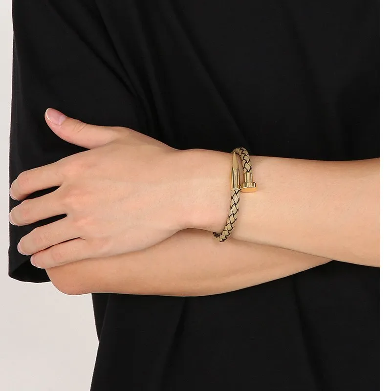 Wholesale Creative Stainless Steel Braided Leather Nail Opening Bracelet Men's Magnetic Buckle Bracelet