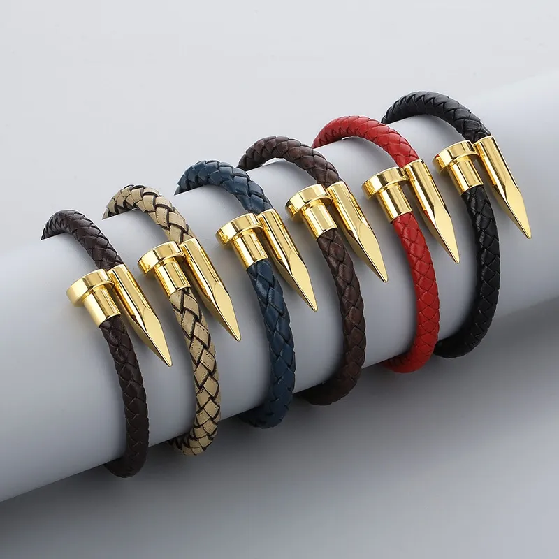 Wholesale Creative Stainless Steel Braided Leather Nail Opening Bracelet Men's Magnetic Buckle Bracelet