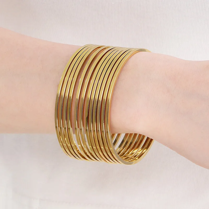 18K Vacuum Gold Plated 2mm Wide Square Wire Stainless Steel Stackable Bracelet