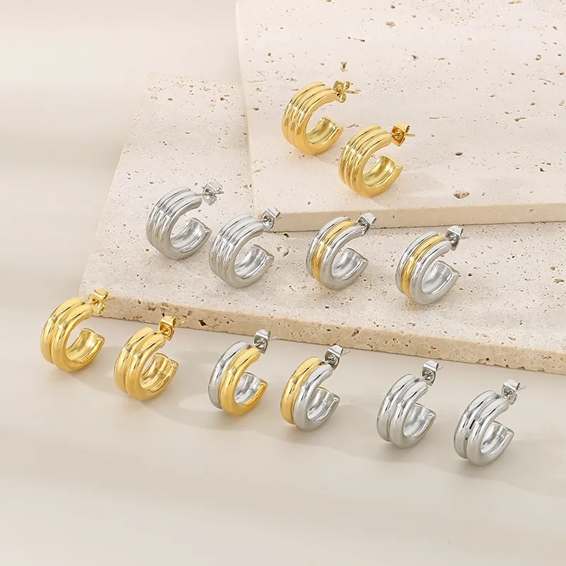 French Fashion Stainless Steel Creative Three Ring C-Shaped Temperament Versatile Girl Earrings
