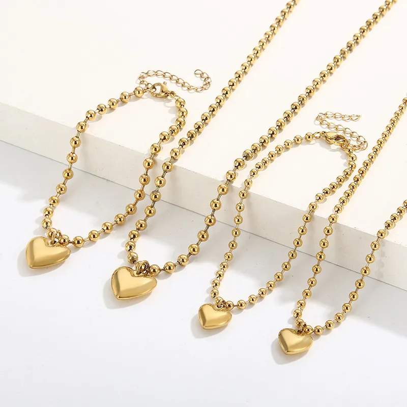 Stainless Steel 3D 18K Gold-Plated Heart-Shaped Bead Necklace and Bracelet Personalized Women's Set