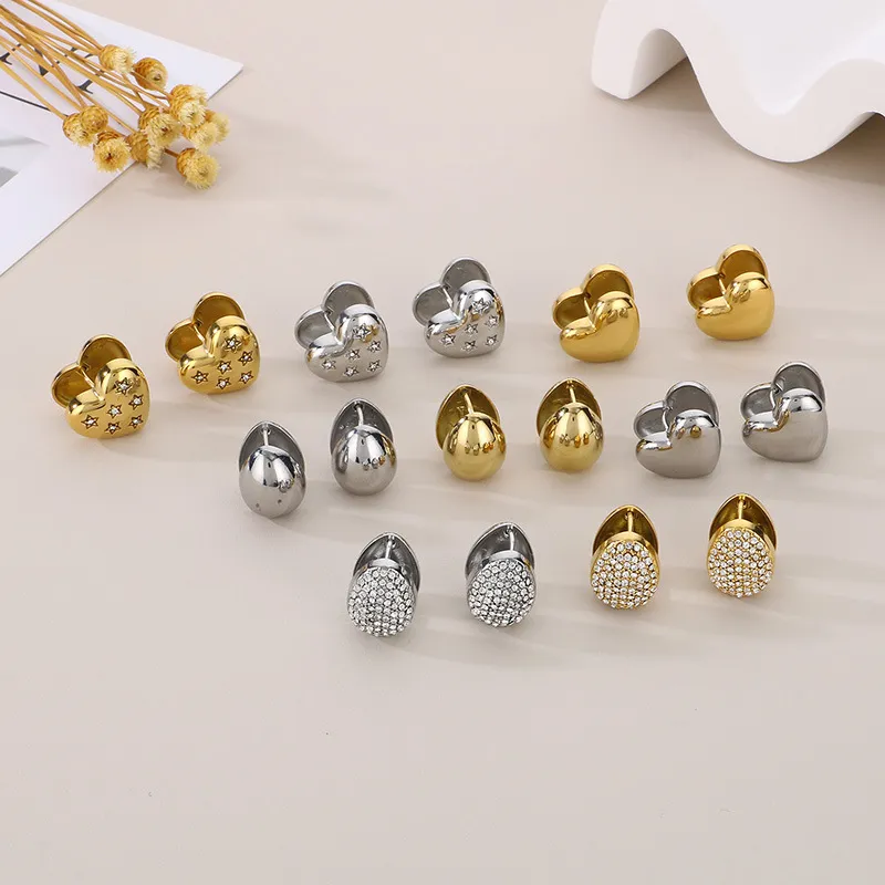 Fashion Double-Sided Heart Rhinestone-Embedded Ear Buckles 18K Gold-Plated Stainless Steel Smooth Earrings