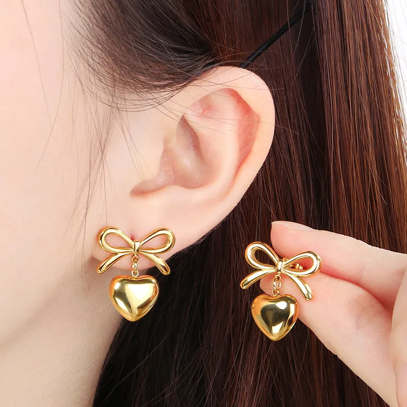 Fashion Earrings 18K Gold-Plated Stainless Steel Ribbon Bow Heart Sweet Temperament Studs Earrings