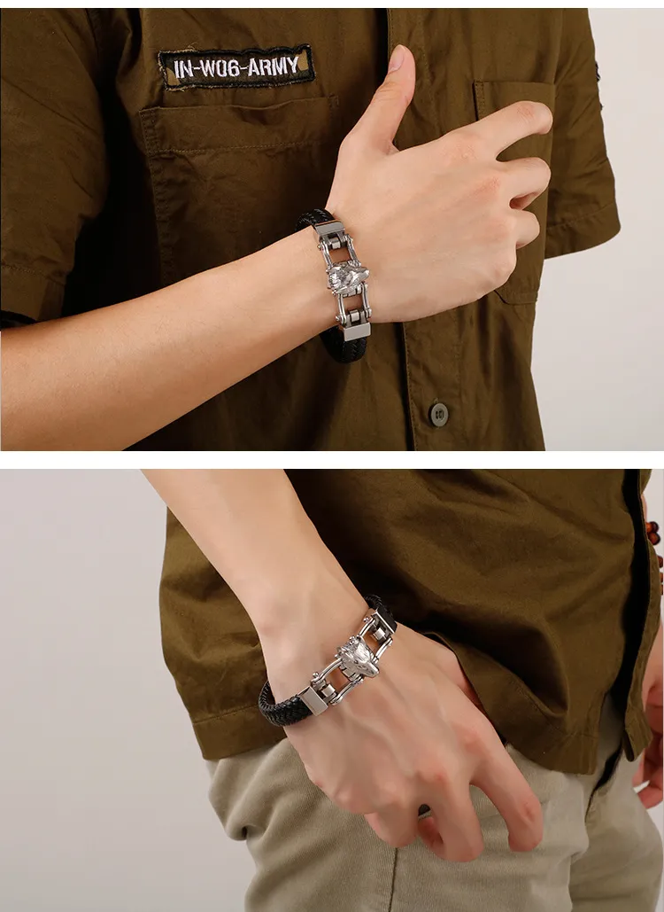 Trendy Men's Stainless Steel Creative Wolf Head Animal Series Woven Leather Bracelet