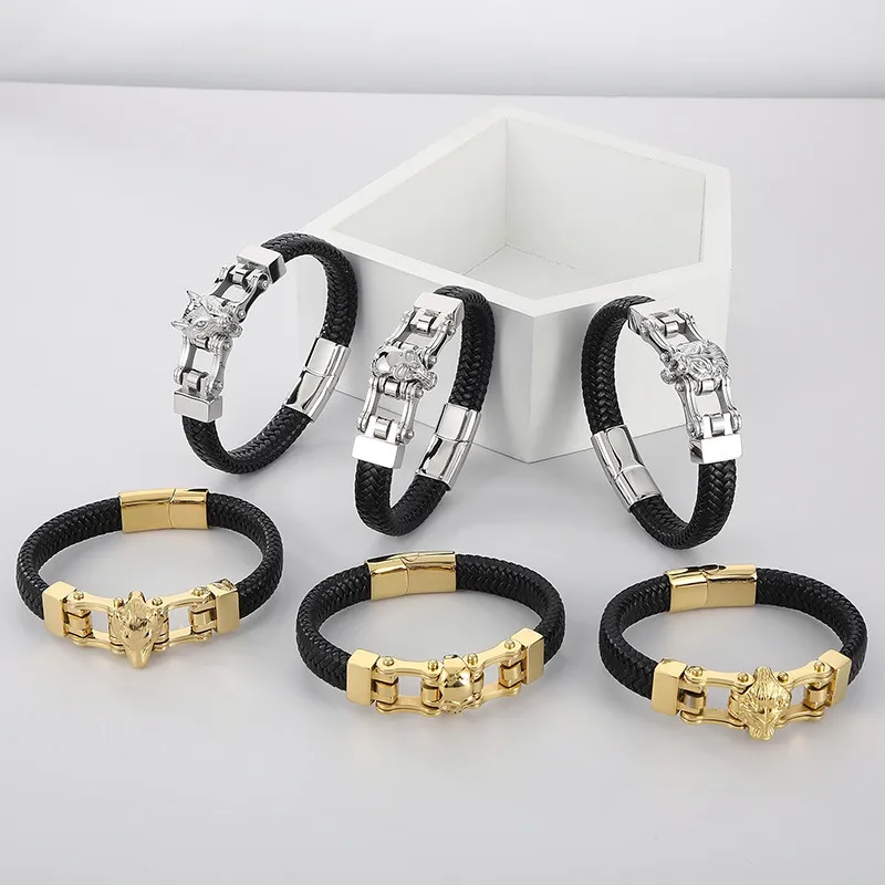 Trendy Men's Stainless Steel Creative Wolf Head Animal Series Woven Leather Bracelet