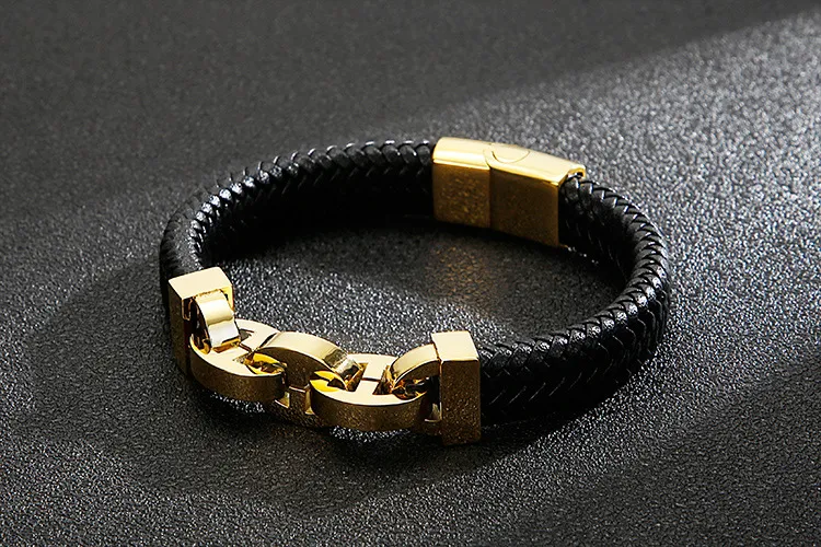 Trendy Men's Jewelry Stainless Steel Geometric Chain Splicing Woven Cowhide Leather Bracelet