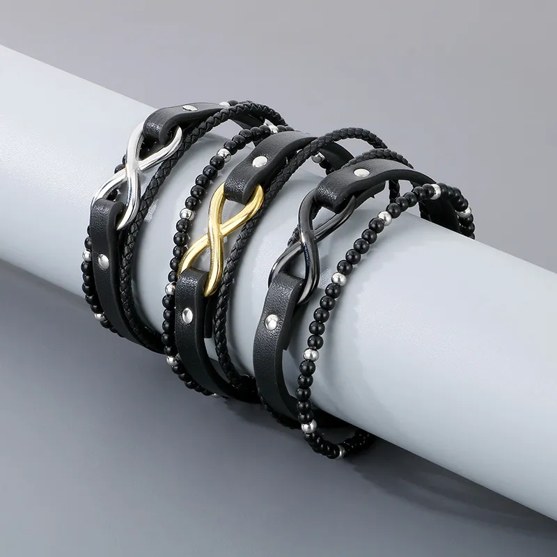 Trendy Men's Stainless Steel 8-Shaped Multi-Layer Woven Leather Bead Magnetic Buckle Bracelet