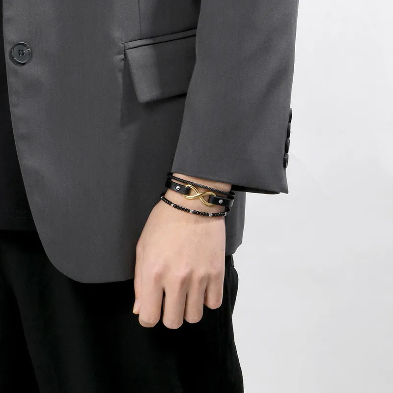Trendy Men's Stainless Steel 8-Shaped Multi-Layer Woven Leather Bead Magnetic Buckle Bracelet