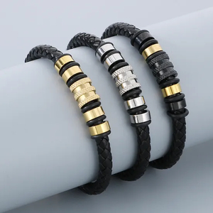 Minimalist and Trendy Stainless Steel Magnetic Buckle Bracelet Woven Leather Bracelet for Men
