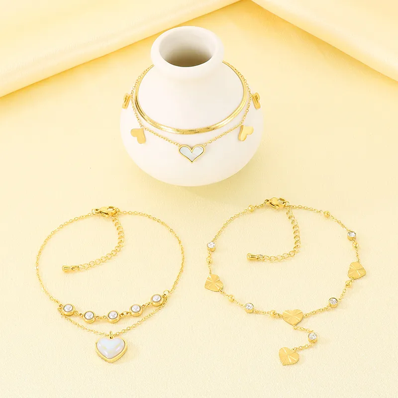 Stainless Steel Paired with Shell Heart-Shaped Element Anklet Chain, Fashionable Women's Jewelry