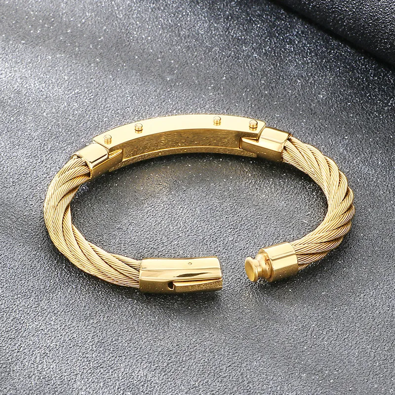 Punk Retro Style Stainless Steel Wire Cable Bent Plate Domineering Men's Bangle