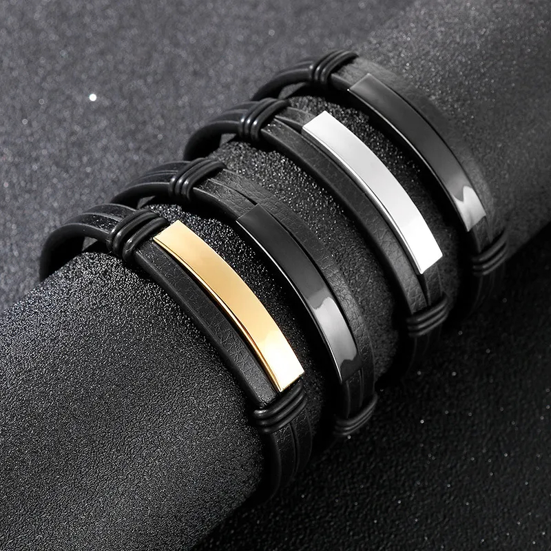 Stainless Steel Geometric Curved Plate Engraved Men's Woven Double-Layer Leather Bracelet Jewelry Wholesale