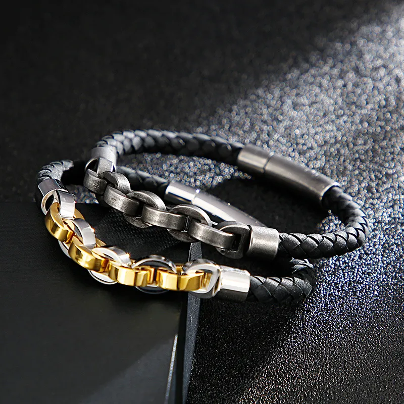 Men's Trendy Stainless Steel Braided Leather Rope Splicing Chain Domineering Leather Bracelet