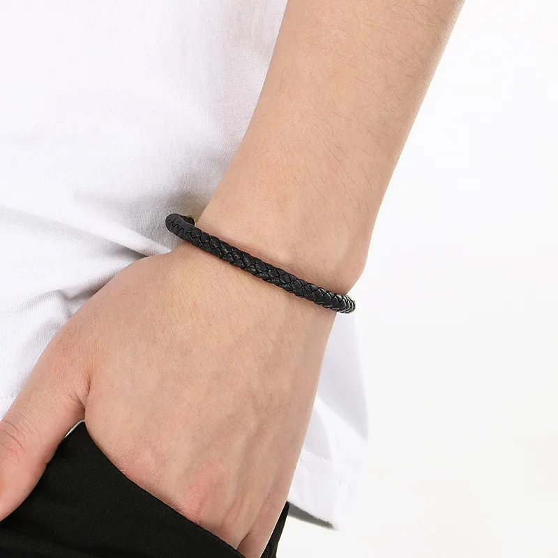 Fashionable Men's Stainless Steel Mesh Buckle Super Fiber Leather Rope Woven Bracelet Jewelry