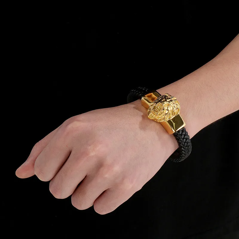 Fashion Leather Bracelet Lion Snake Skull Stainless Steel Men's Leather Bangle