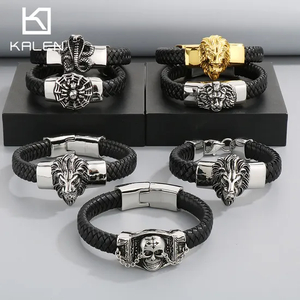 Fashion Leather Bracelet Lion Snake Skull Stainless Steel Men's Leather Bangle