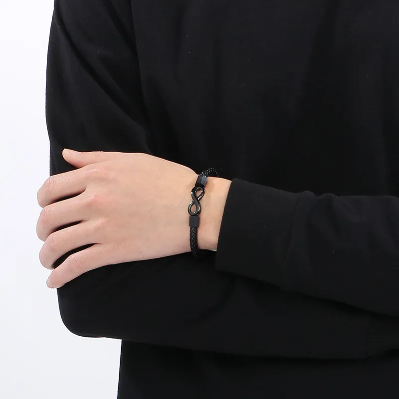 European and American Fashion Stainless Steel Creative 8-Shaped Accessory Men's Woven Leather Rope Bracelet