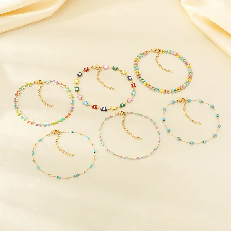 Bohemian Summer Accessories Bead Enamel Wheat Butterfly Stainless Steel Anklets for Women