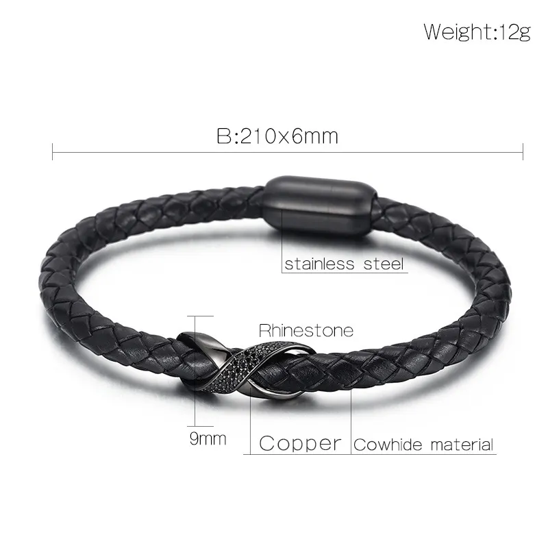 Men's Trendy Stainless Steel Magnetic Buckle Creative Diamond Inlaid 8-Shaped Retro Woven Leather Rope Bracelet