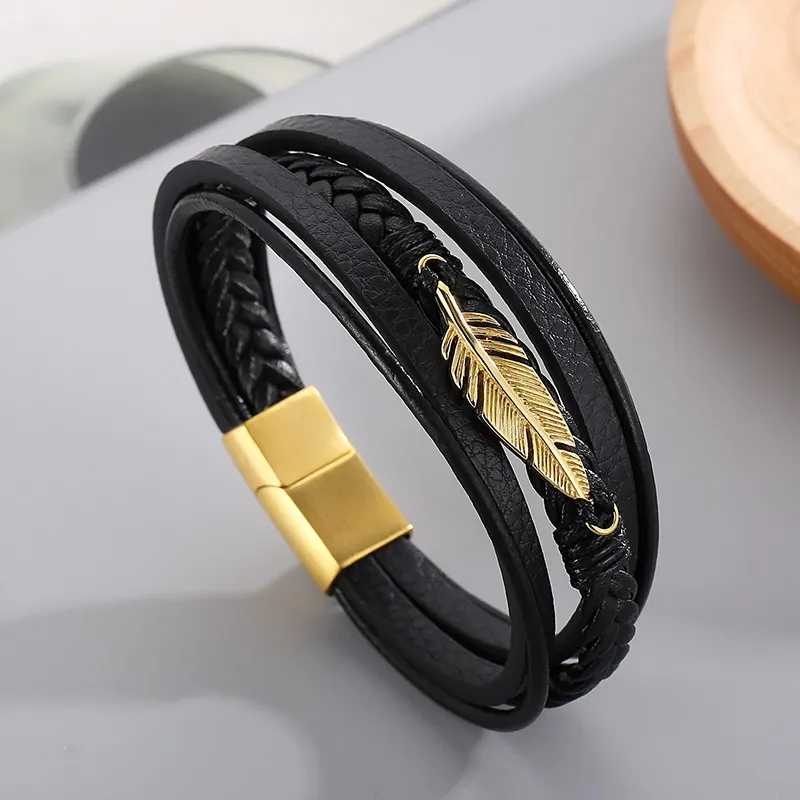 Fashionable Stainless Steel Feather Multi-Layer Woven Leather Men's Bracelet Jewelry