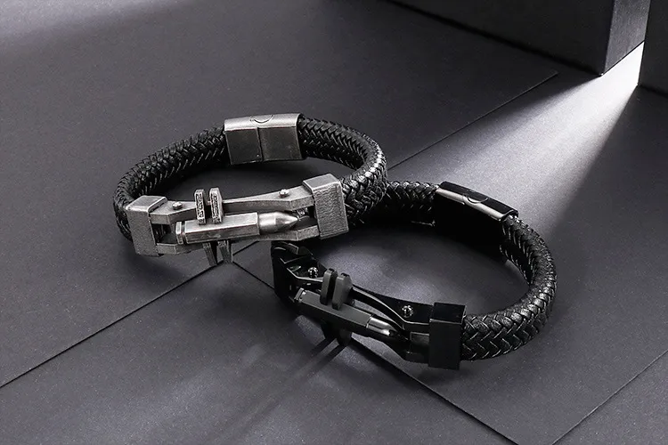 European and American Fashion Stainless Steel Creative Personalized Bullet Head Men's Leather Bracelet