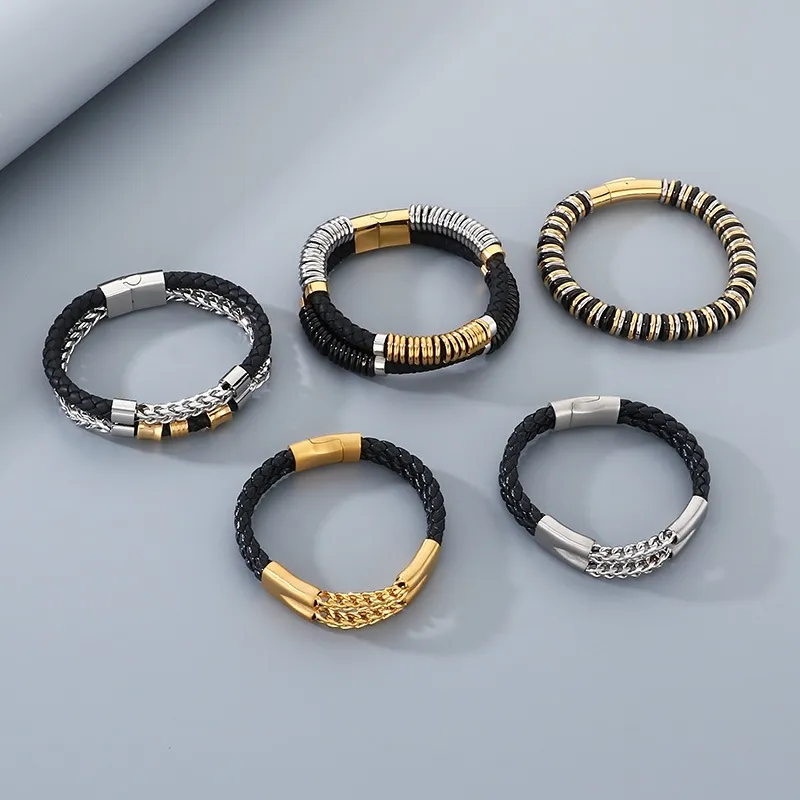 Trendy Stainless Steel Geometric Woven Multi-Layer Personalized Leather Bracelet