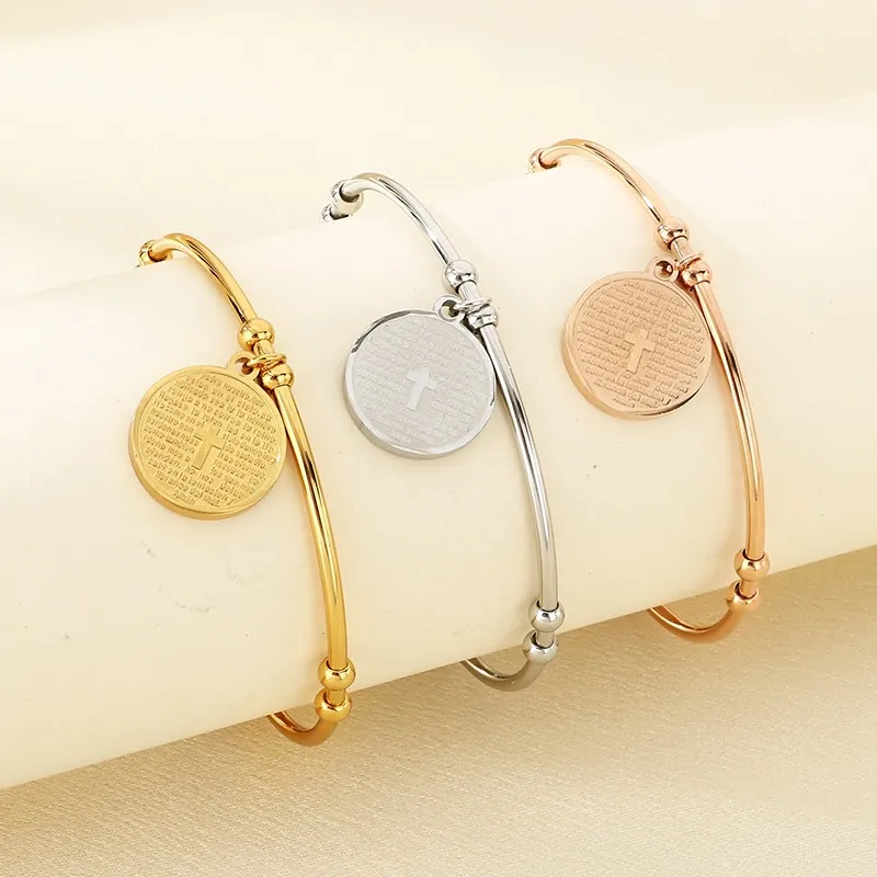 Stylish 18K Gold Round Cross Stainless Steel Openning Bangle Jewelry Wholesale