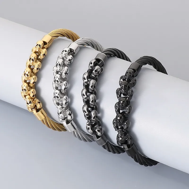 Retro Style Men's Stainless Steel Wire Waistband Punk Skull Bangle Bracelet