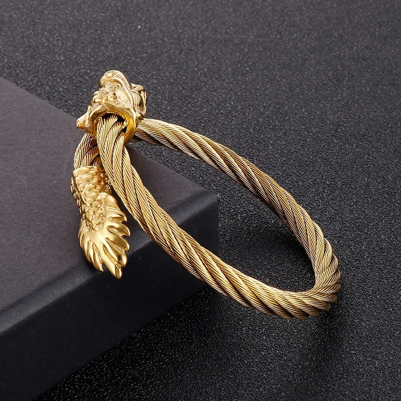 Trendy Open Cuff Bangle Punk Dragon Head Tail Stainless Steel Men's Bracelet