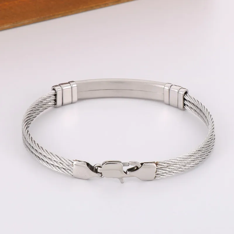 Stainless Steel Braided Three Row Steel Wire Rope Bangle with Curved Plate That Can Be Engraved with Letters