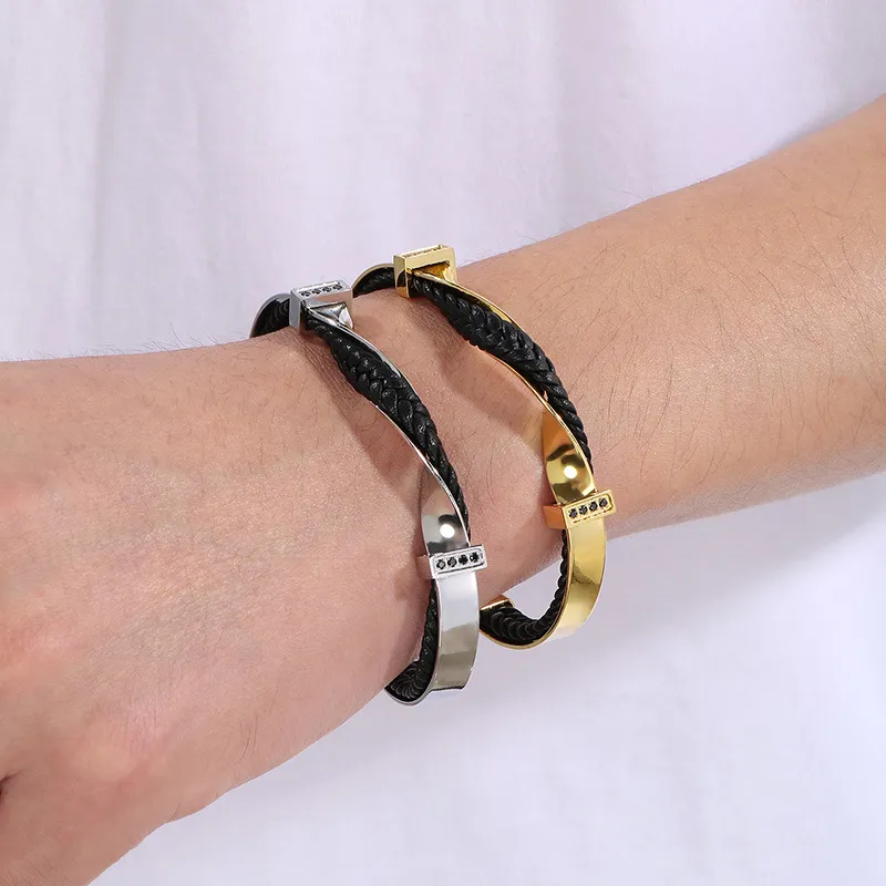 Fashion Stainless Steel Twisted Pattern Diamond Inlaid C-Shaped Open Woven Leather Bracelet Men's Jewelry