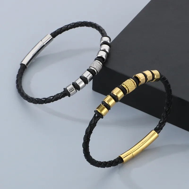 Trendy Men's Stainless Steel Unique Woven Geometric Mesh Leather Bracelet