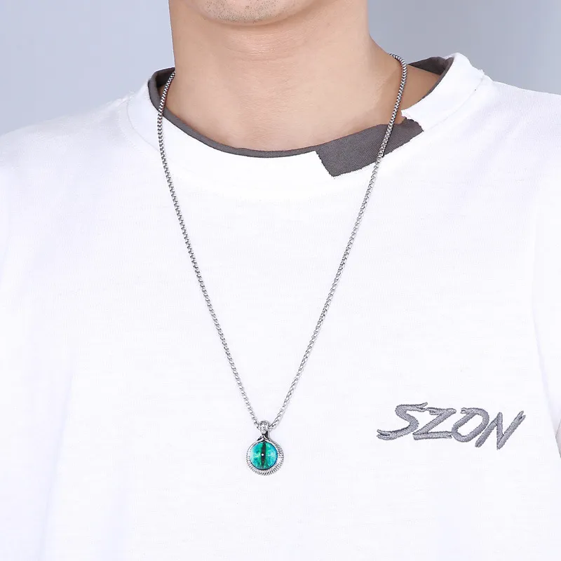 Trendy Cute Blue Yellow Snake Eye Stone Stainless Steel Men's Necklace Pendant