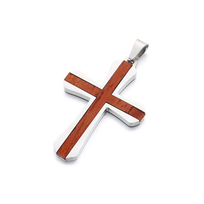 Simple Two-Tone Couple Necklace, Stylish and Unique Stainless Steel Inlaid with Rosewood Cross Men's Pendant