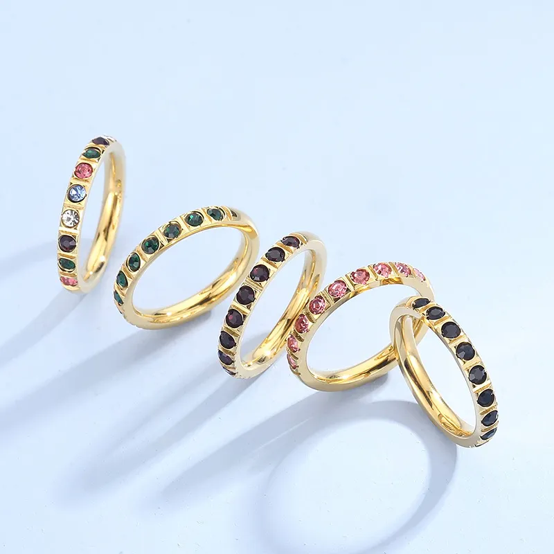 Fashion Colorful Diamond Ring Jewelry Gold Plated Titanium Steel Ring