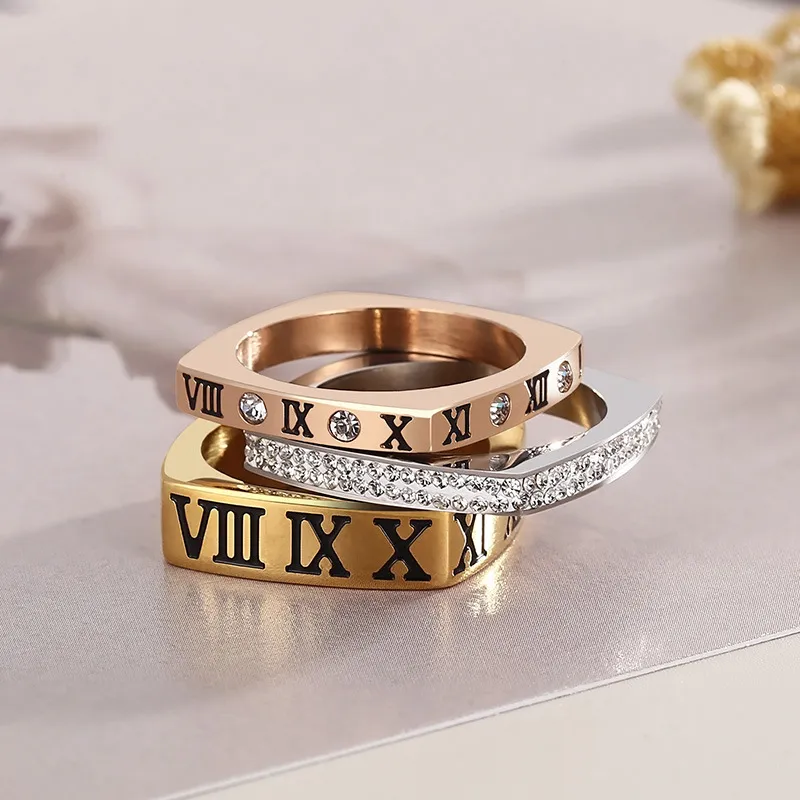 Personality Multi-Ring Square Ring Fashion Diamond-Embedded Roman Numeral Stainless Steel Ring Wholesale