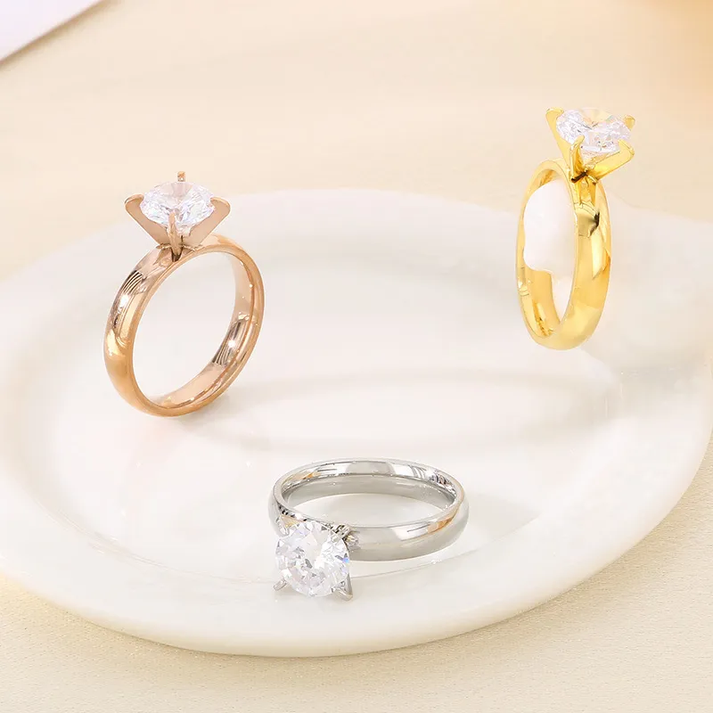 Minimalist Couple Rings 4-Prong Diamond Ring Pair 4mm Polished Stainless Steel Wedding Jewelry