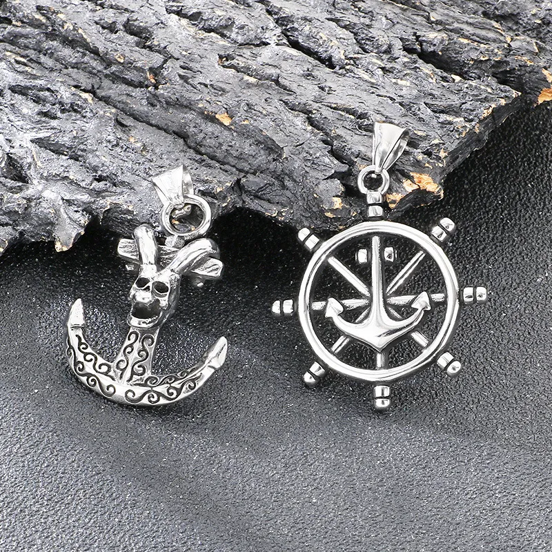 Dark Retro Navigation Rudder Pendant Punk Retro Cross Skull Anchor Stainless Steel Men's Pendant