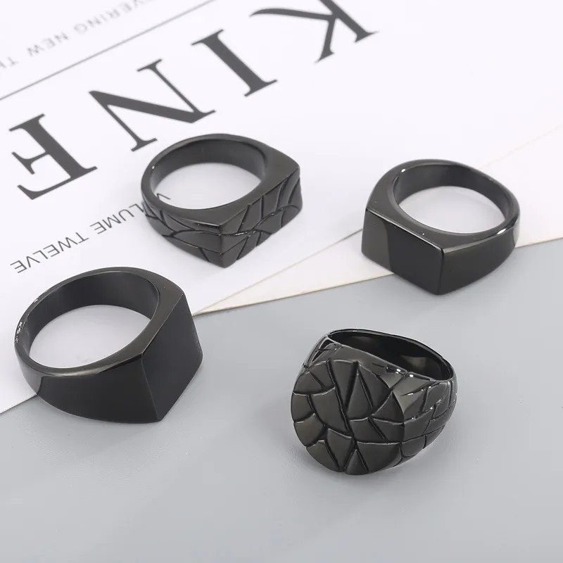 Geometric Surface Rectangular Laser Logo Black Cast Classic Stainless Steel Ring