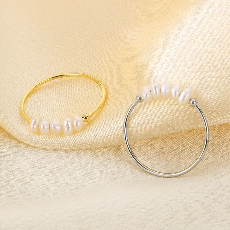 Natural Pearl Ring Gold Plated Stainless Steel Jewelry Freshwater Pearl Stacking Ring