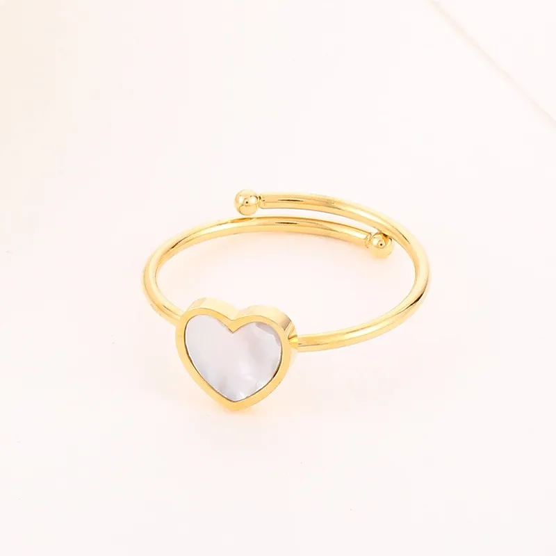 Fashion 18K Gold-Plated Stainless Steel Open Heart Ring Minimalist Adjustable White Shell Rings