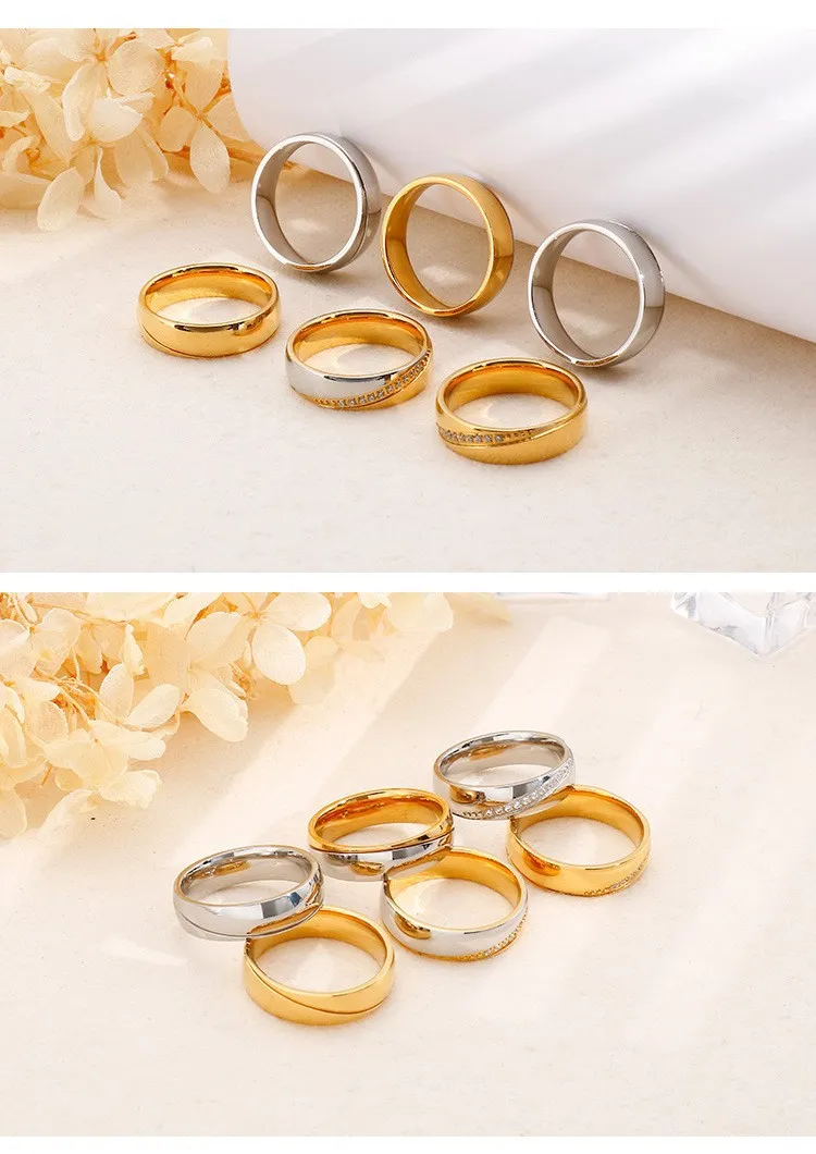 Cross-Border Hot-Selling Two-Tone Gold Stainless Steel Couple Rings with Diamonds