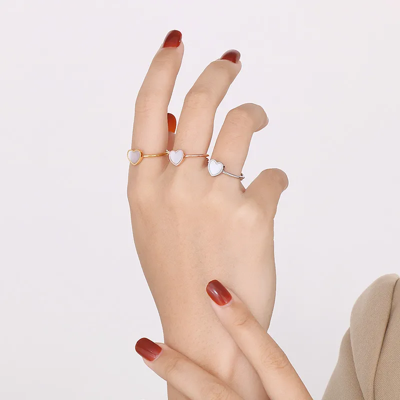 Fashion 18K Gold-Plated Stainless Steel Open Heart Ring Minimalist Adjustable White Shell Rings