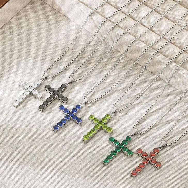 Multi-Colored Diamond-Encrusted Cross Pendant Stainless Steel Tennis Chain Jewelry