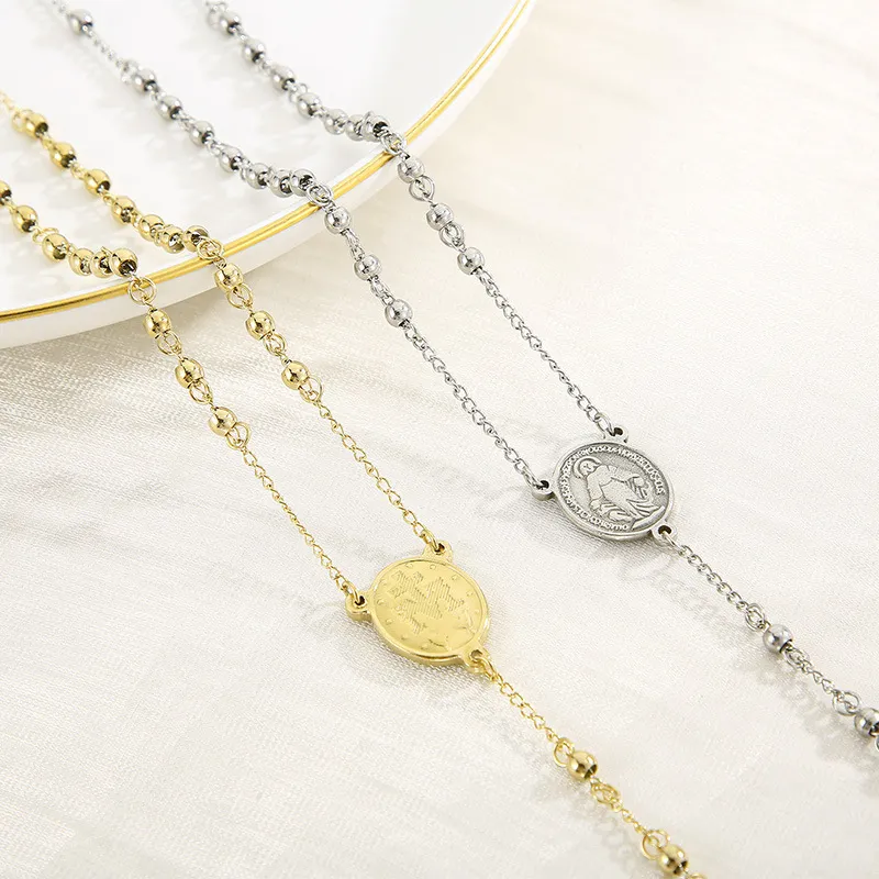 Stainless Steel Niche Design Cross Retro Beaded Necklace Clavicle Chain for Women